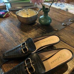Matisse Black Croc-Embossed Slide Mules with Gold Buckle